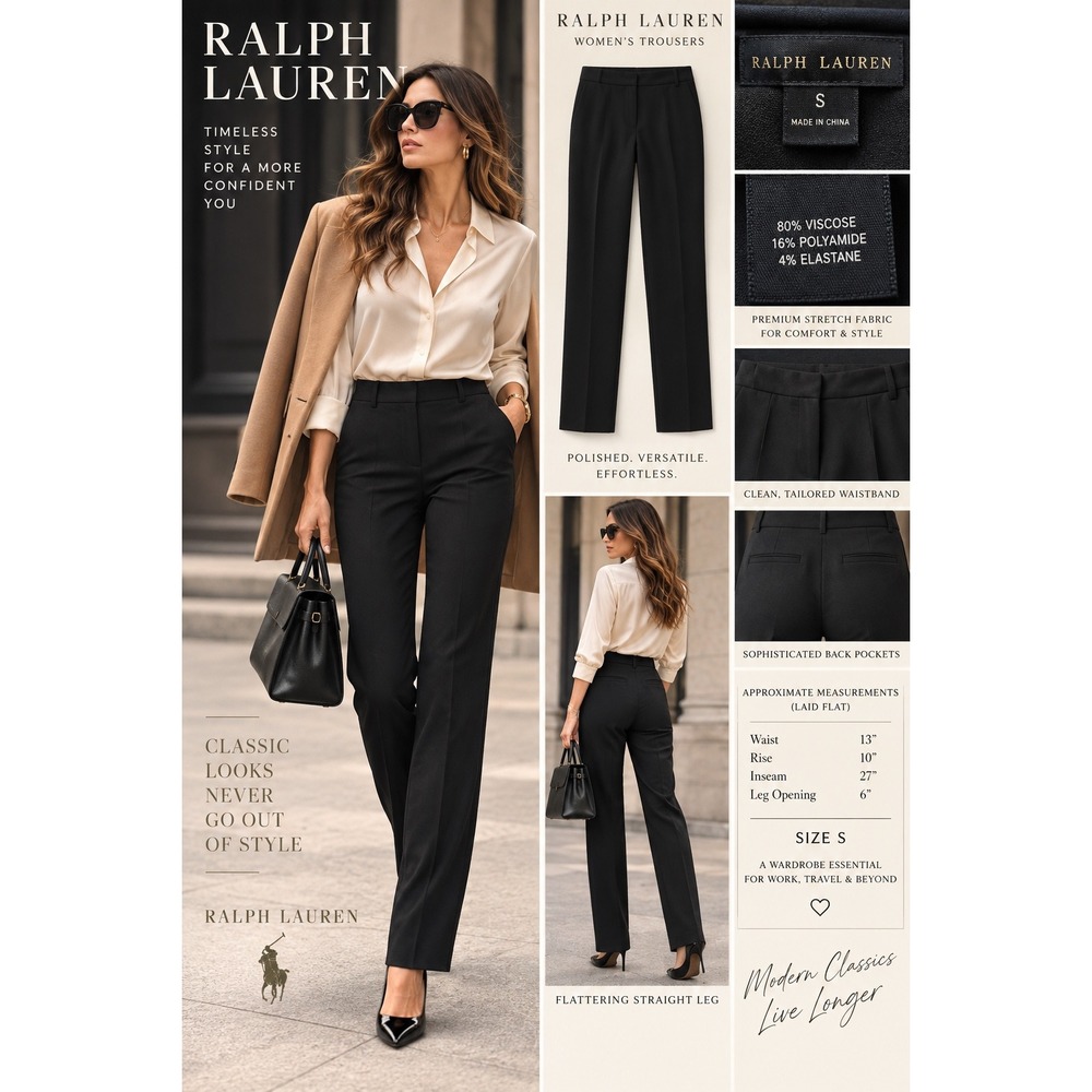 Ralph Lauren Women S Black Viscose Stretch Slim Straight Career Dress Pants